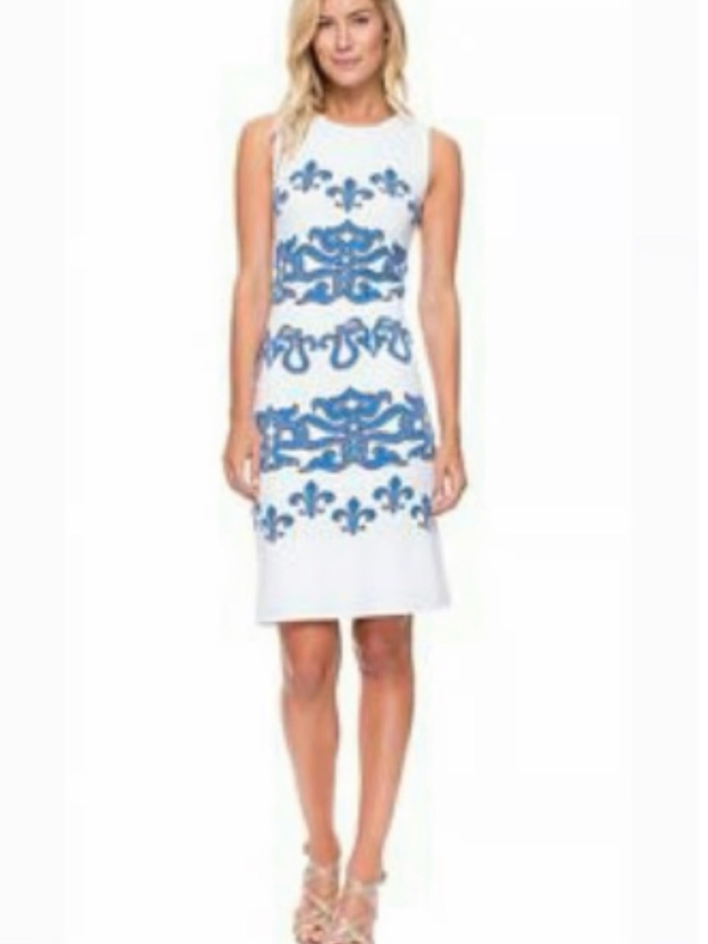 J. McLaughlin Sleeveless White Dress with Blue Embroidered Motif Women M